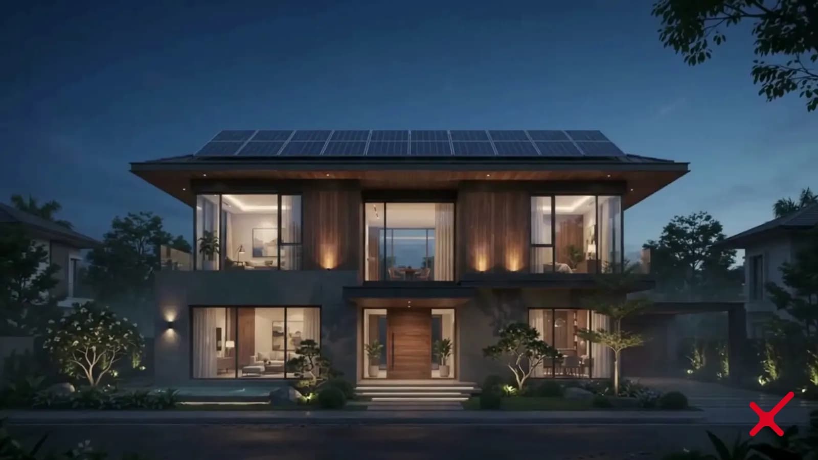 A modern home with a rooftop solar installation lit up at dusk